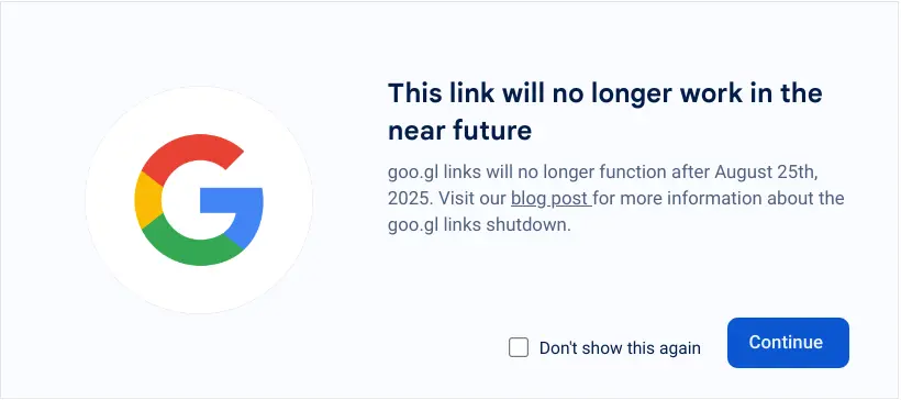 This link will no longer work in the near future. goo.gl links will no longer function after August 25th, 2025. Visit our blog post for more information about the goo.gl links shutdown.